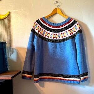 ☀️💙❄️Blue Crew Neck Sweater with Fair Isle Pattern